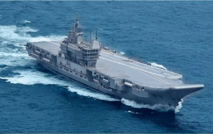 INS Vikrant Aircraft Carrier Sailing in Indian Ocean